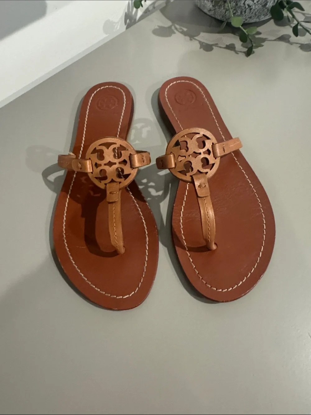 Tory Burch Brown Leather Logo Thong Sandals